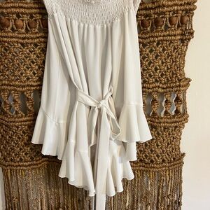 White Off the Shoulder Waist Tie Dress